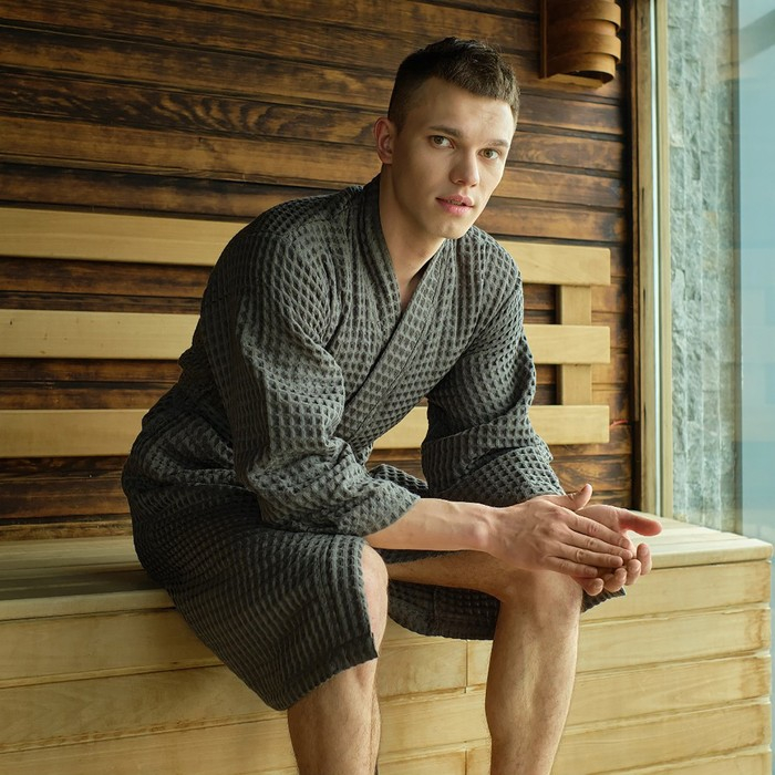 Халат вафельный мужской удлиненный Этель Халат вафельный мужской удлиненный Этель "Boho" размер 46-48, цвет светло-серый, 100% хлопок, 290 г/м2