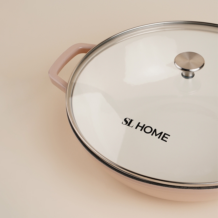 Сковорода-Вок чугунная с эмалированным покрытием SL Home, d=31 см, h=8,5 см, индукция, цвет бежевый