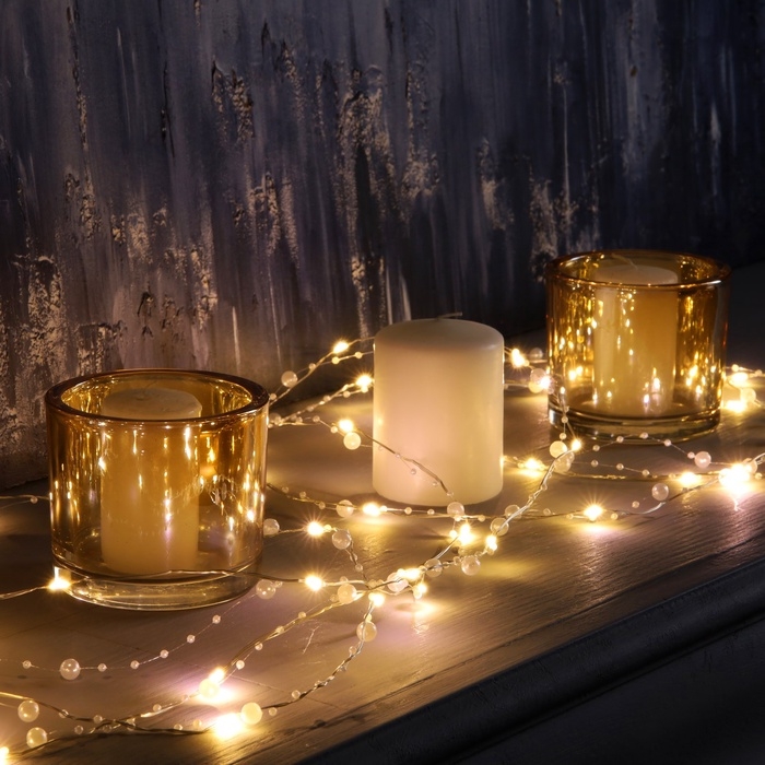 Гирлянда &laquo;Нить&raquo; 5 м роса с насадками &laquo;Перламутр&raquo;, IP20, нить серебристая, 50 LED, батарейки AAx2 (не в комплекте), 2 режима, свечение тёплое белое