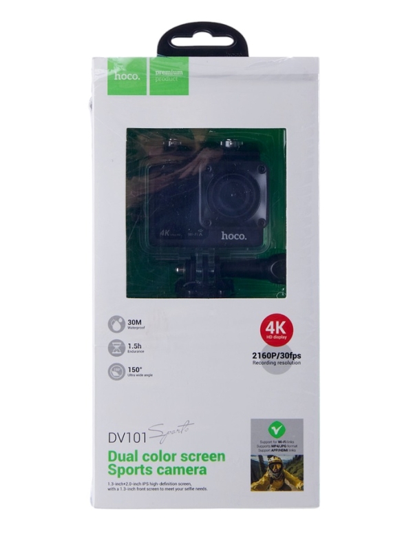 Экшн-камера Hoco, DV101, 4К видео,  два цветных экрана, черная