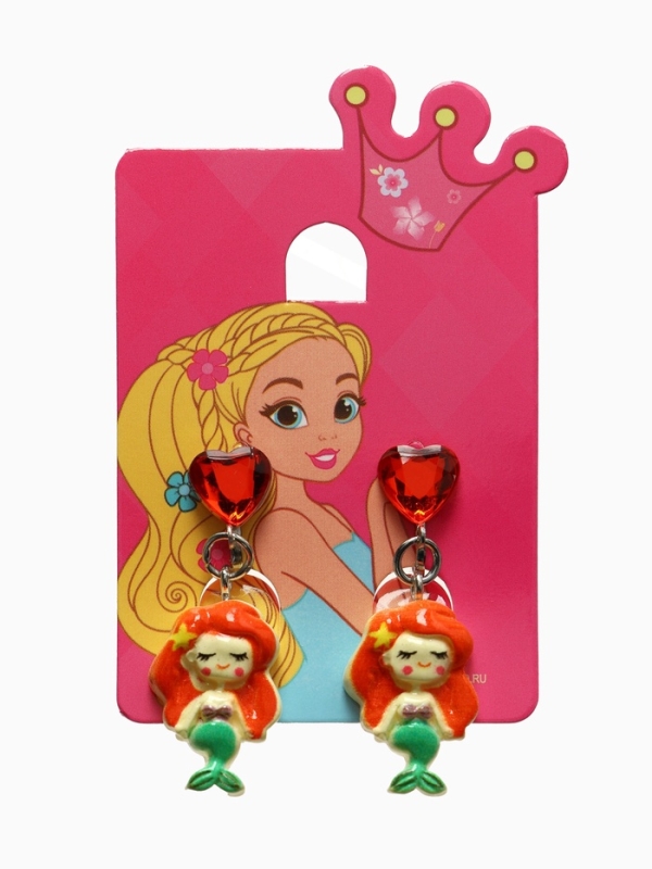 Серьги-клипсы детские "Выбражулька" русалочка с сердцем кристалл, цветные