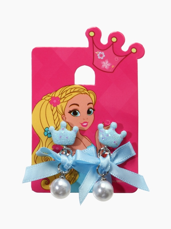 Серьги-клипсы детские "Выбражулька" корона с бантом и жемчужиной, цвет голубой-белый