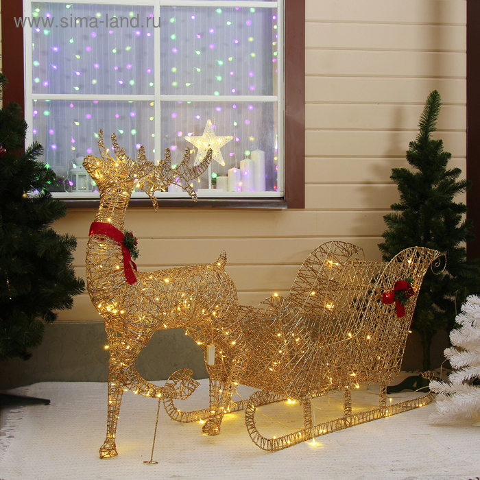 Светодиодная фигура «Олень с санями золотистый», олень: 65 × 130 × 27 см, сани: 120 × 70 × 45 см, металл, 220 В, свечение тёплое белое Светодиодная фигура «Олень с санями золотистый», олень: 65 × 130 × 27 см, сани: 120 × 70 × 45 см, металл, 220 В, свечение тёплое белое