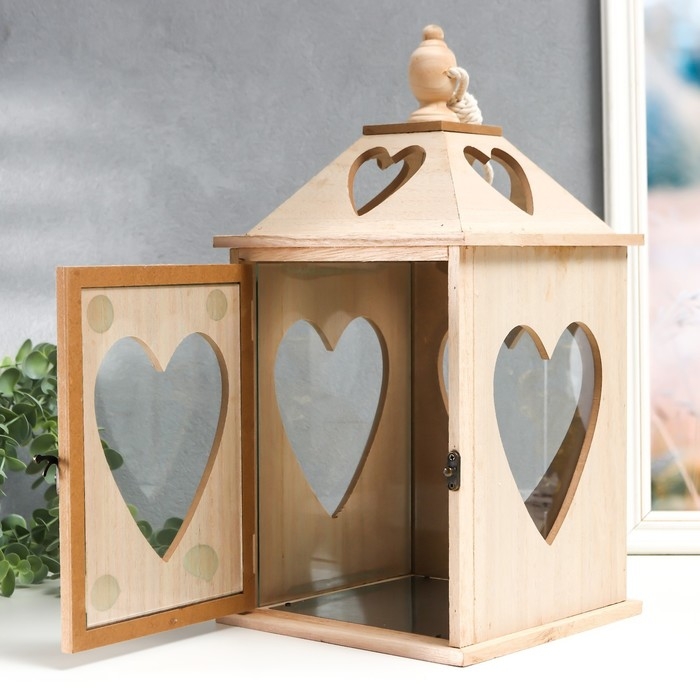 Подсвечник дерево "Фонарь домик с сердцами" набор 2 шт 28х14,5х14,5; 38х19,5х19,5 см
