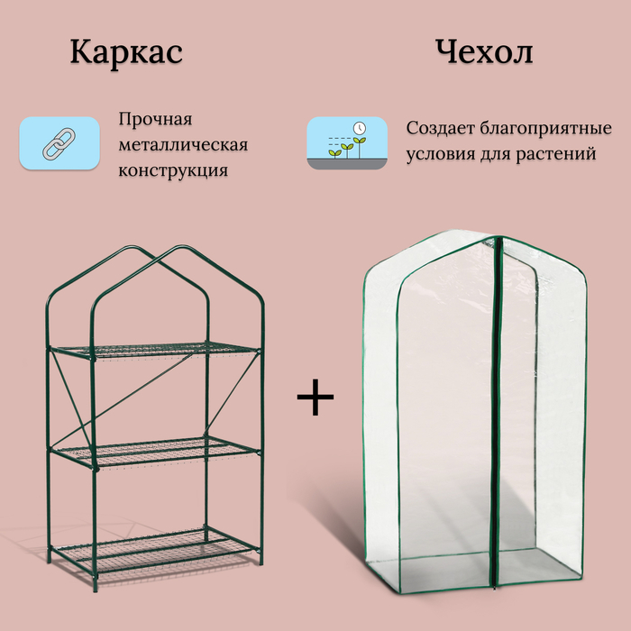 Парник-стеллаж, 3 полки, 110 × 65 × 40 см, металлический каркас d = 16 мм, чехол плёнка 100 мкм Парник-стеллаж, 3 полки, 110 × 65 × 40 см, металлический каркас d = 16 мм, чехол плёнка 100 мкм