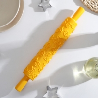 Скалка кондитерская «Цветочки», 37 см, рабочая часть 25 см, фактурная, цвет жёлтый Скалка кондитерская «Цветочки», 37 см, рабочая часть 25 см, фактурная, цвет жёлтый