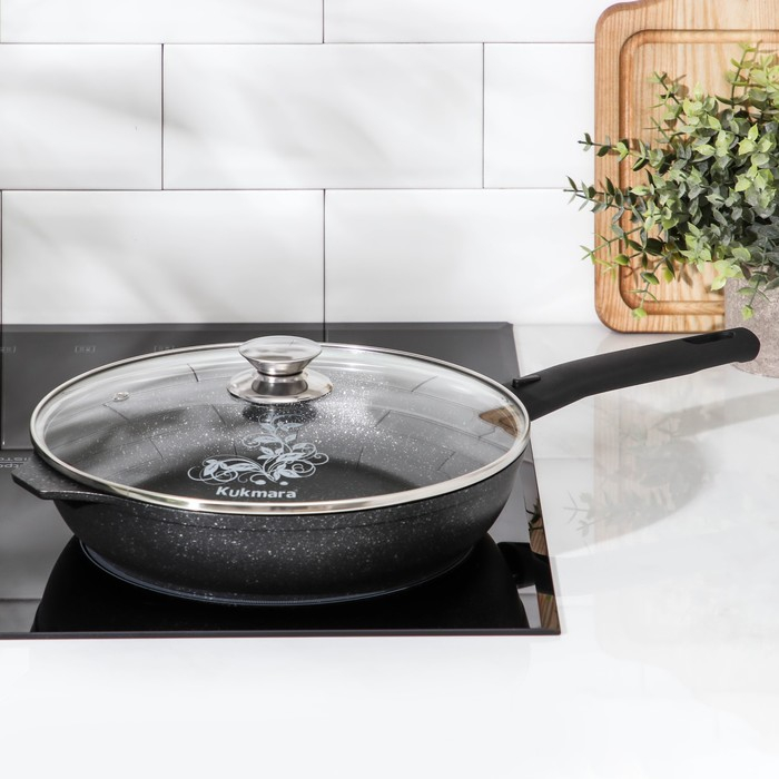 Сковорода, d=26 см, съёмная ручка, стеклянная крышка, антипригарное покрытие, цвет тёмный мрамор