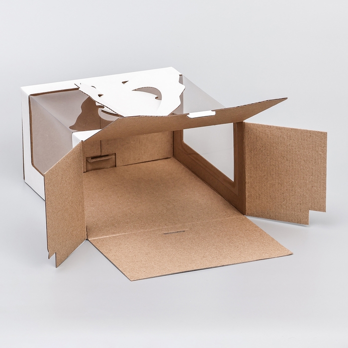 Коробка под торт 2 окна, с ручками, белая, 25 х 25 х15 см