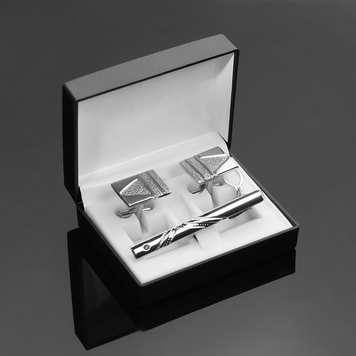 Набор мужской медный «Запонки + Зажим для галстука» резьба, цвет серебро Набор мужской медный «Запонки + Зажим для галстука» резьба, цвет серебро