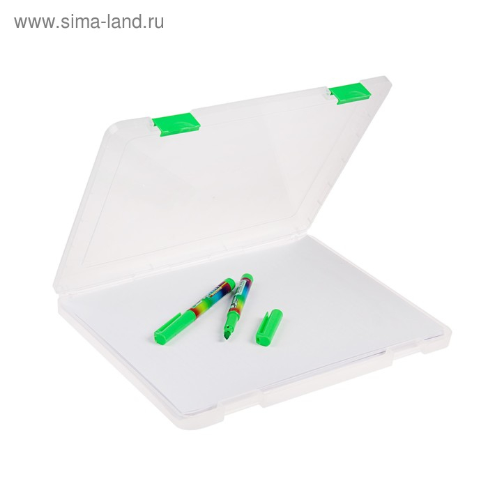 Папка для документов А4, с зелеными защелками, 230 х 305 х 23 мм, прозрачный корпус
