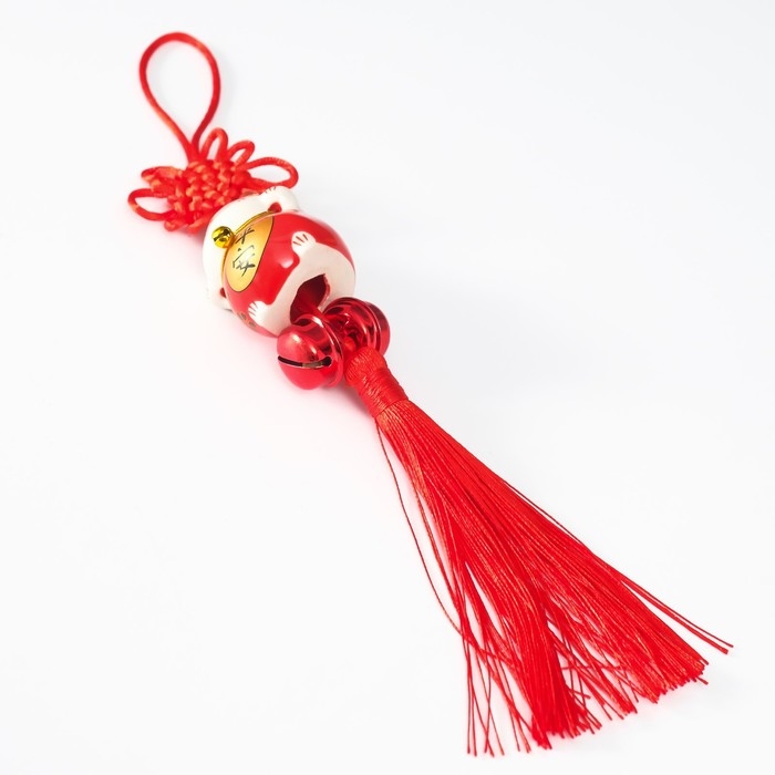 Подвеска керамика с бубенчиками "Манэки-нэко" красный 3,5х3,7х26 см