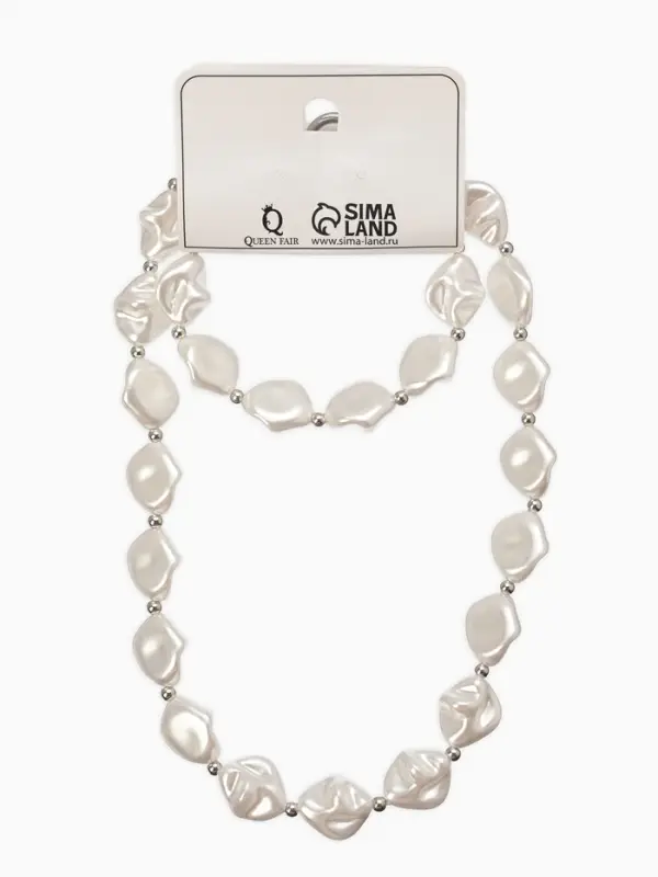 Набор 2 пред-та: бусы,браслет "Жемчуг барочный", ромб. 40/18см, цвет белый в серебре
