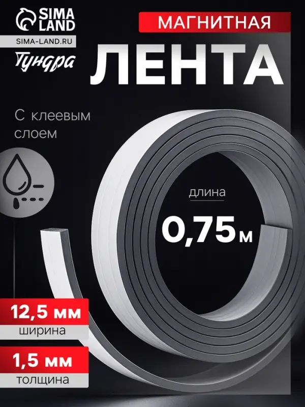 Магнитная лента ТУНДРА, с клеевым слоем, 12.5&times;1.5 мм, длина 0.75 м