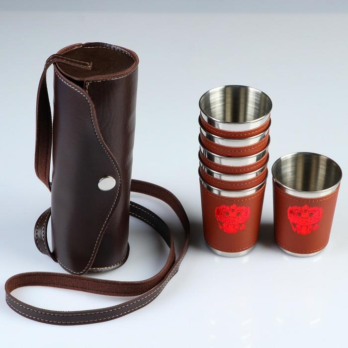 Стопки &laquo;Герб&raquo;, 100 мл, нержавеющая сталь, в чехле, коричневые, набор 6 шт
