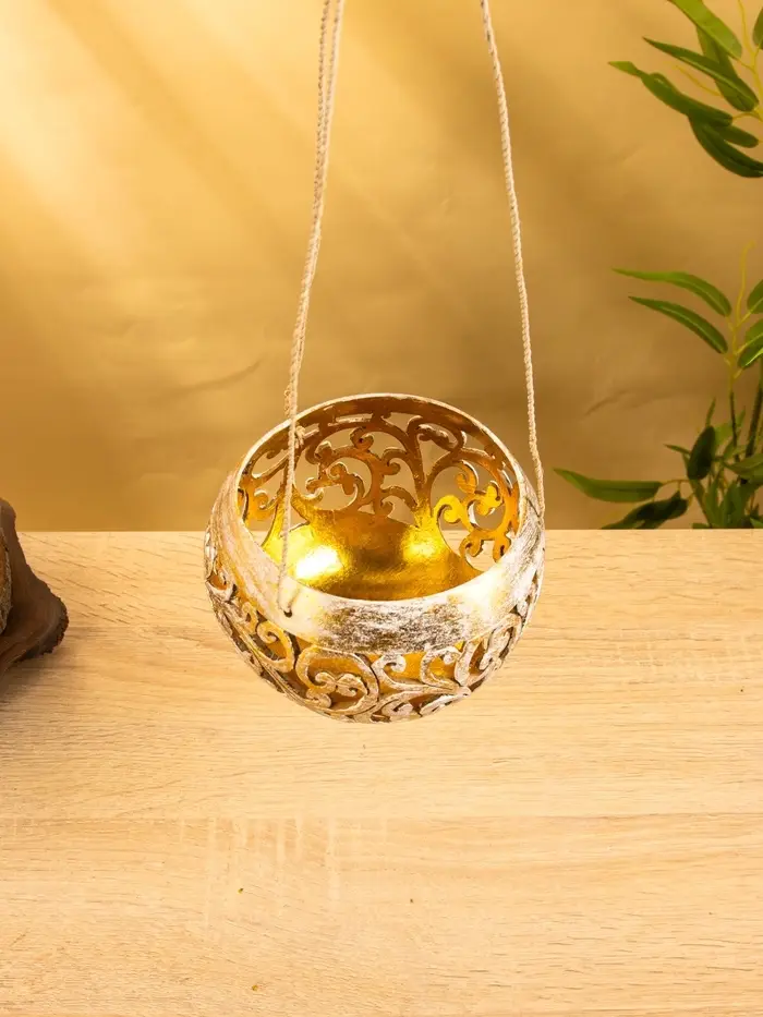 Подсвечник подвесной из кокоса, 14&times;14&times;10 см, бело-золотой