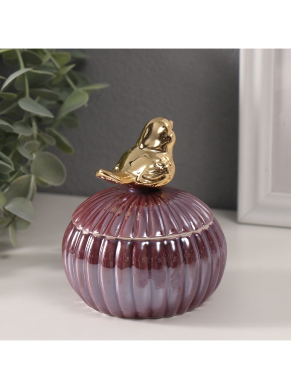 Шкатулка керамика "Пташка на пуфике" баклажановый перламутр 8,2х8,2х10 см