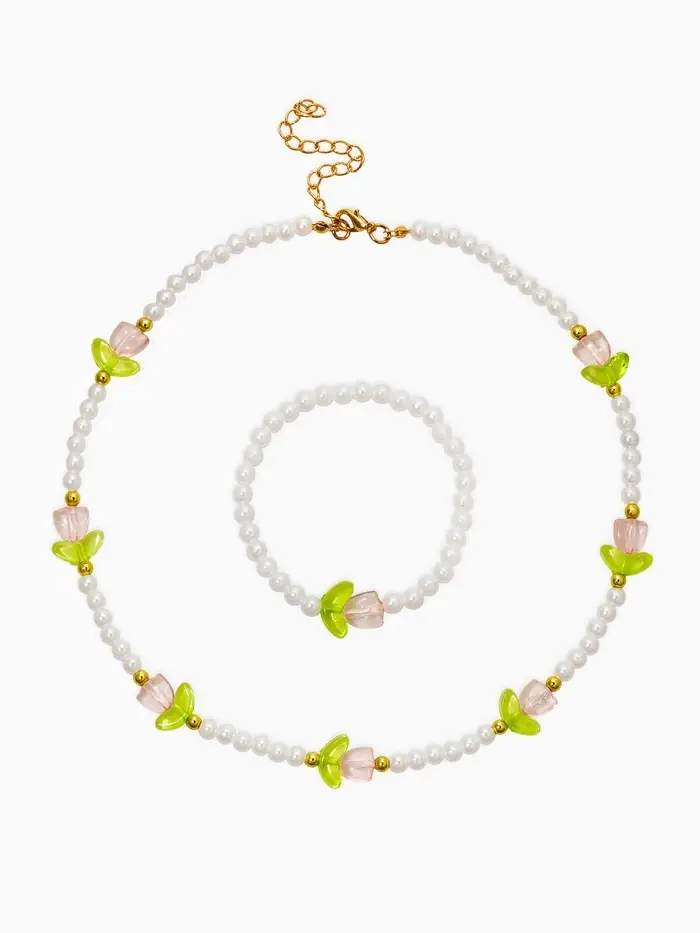 Комплект детский &laquo;Выбражулька. Тюльпаны и жемчуг&raquo;, 2 предмета: бусы, браслет, бело-розовый