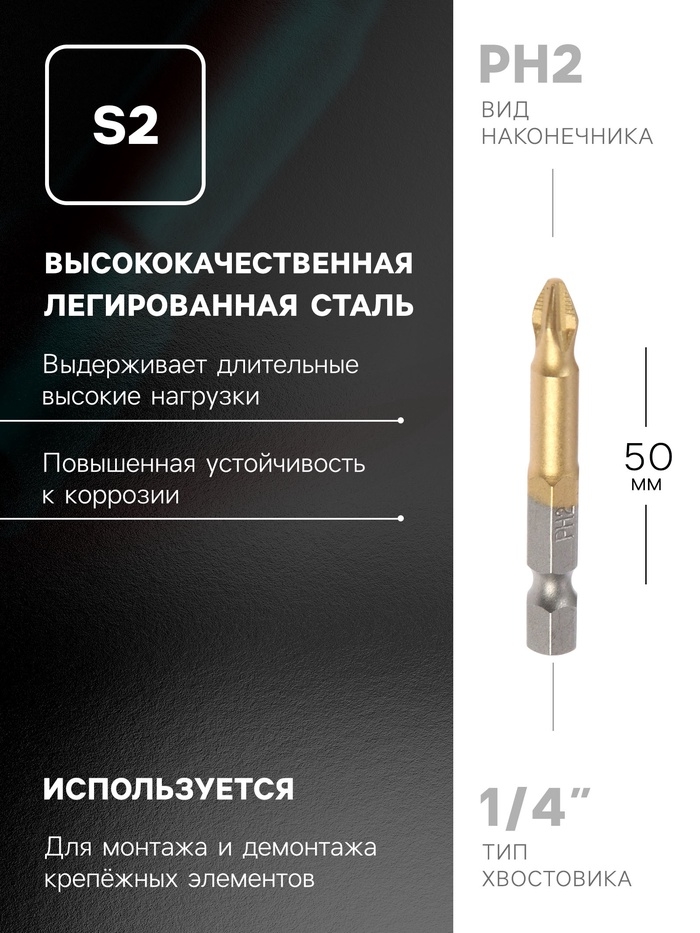 Биты ТУНДРА, намагниченные, сталь S2, 58-60 HRC, TiN, PH2 х 50 мм, 2 шт.