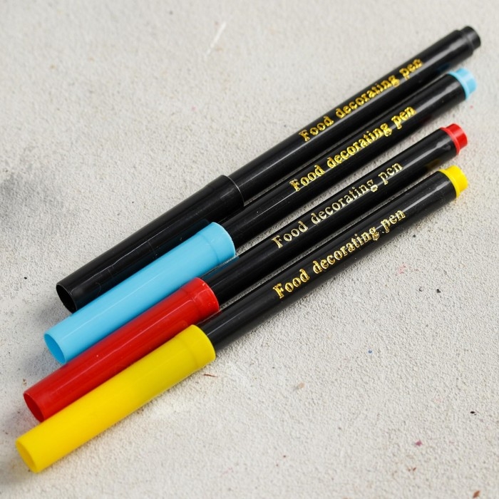 Фломастеры пищевые для украшения десертов, набор: красный, голубой, жёлтый, чёрный, 4 шт.
