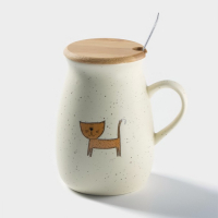 Кружка керамическая с деревянной крышкой и ложкой &laquo;Пэтти&raquo;, 350 мл, рисунок МИКС