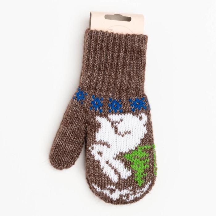 Новый год. Варежки двойные детские, цвет тёмно-коричневый, размер 14 (6-9 лет)