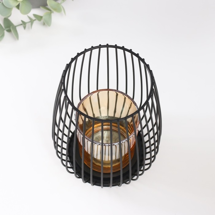 Подсвечник металл, стекло на 1 свечу "Корзина с закруглёнными углами" чёрный 15х12,5х12,5 см   54140