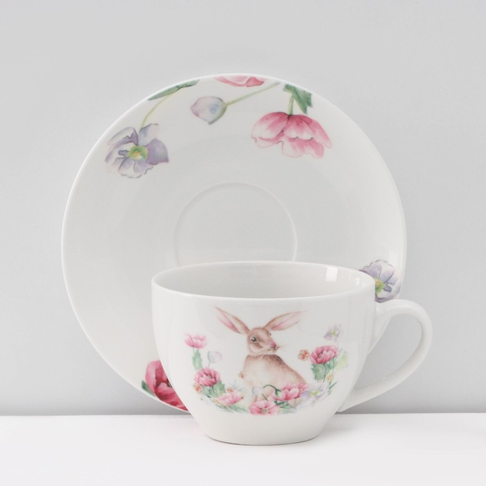 Сервиз фарфоровый чайный Доляна &laquo;Зайка&raquo;, 12 предметов: 6 чашек 250 мл, 6 блюдец d=15 см, цвет белый