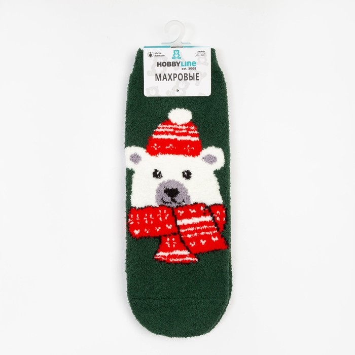 Носки махровые женские &laquo;Медведь в шапке&raquo;, цвет тёмно-зелёный, размер 36-40