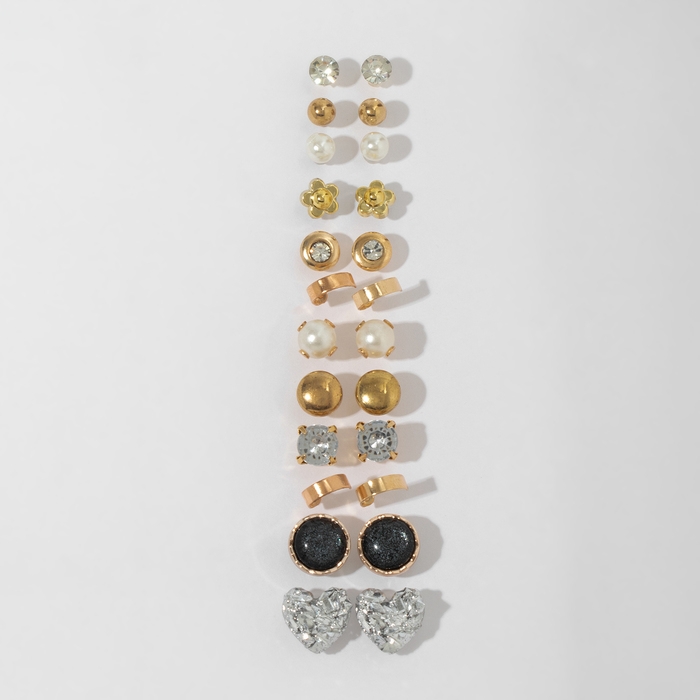 Пусеты 12 пар One year, сердцем к сердцу, цвет цветные в золоте