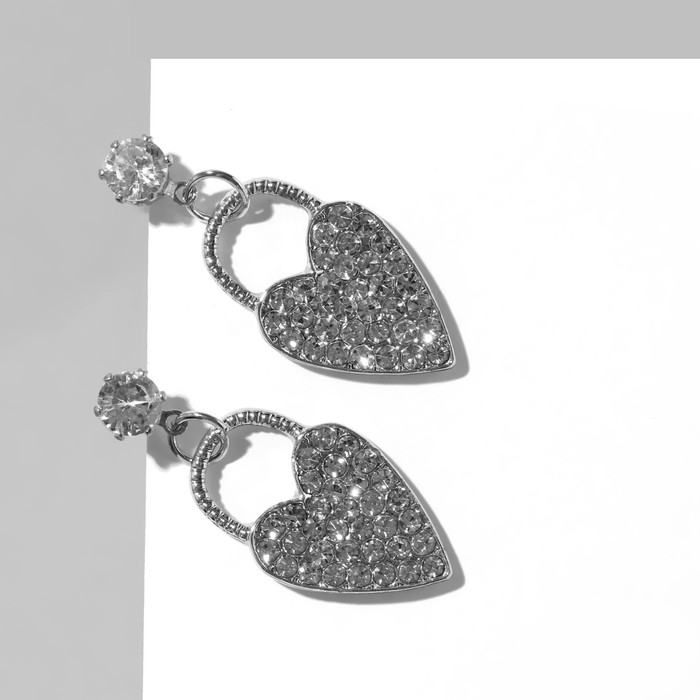 Серьги со стразами «Сердца» замки, цвет белый в серебре Серьги со стразами «Сердца» замки, цвет белый в серебре