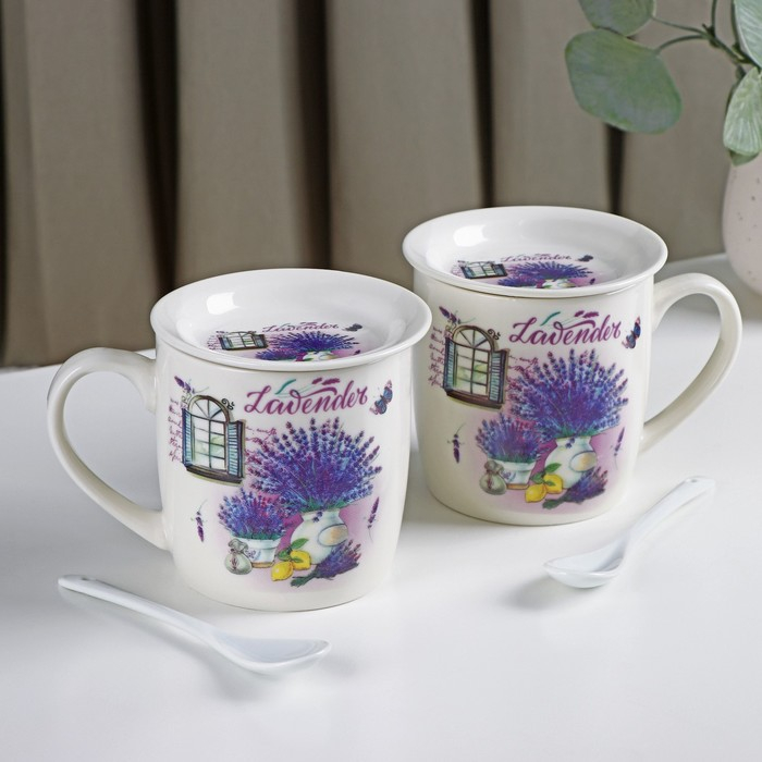 Набор кружек керамических с ложками и подставками &laquo;Букет лаванды&raquo;, 2 предмета: 330 мл, рисунок МИКС