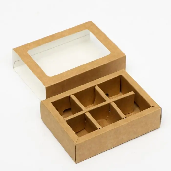 Коробка под 6 конфет с окном, крафт, 13.7&times;9.85&times;3.85 см