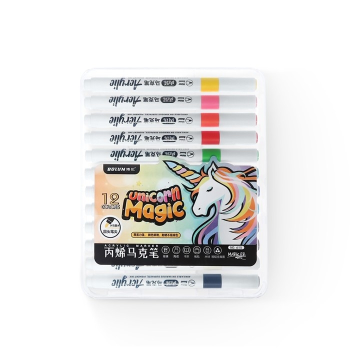 Набор маркеров акриловых 12 цветов, круглый наконечник, для любой поверхности Набор маркеров акриловых 12 цветов, круглый наконечник, для любой поверхности