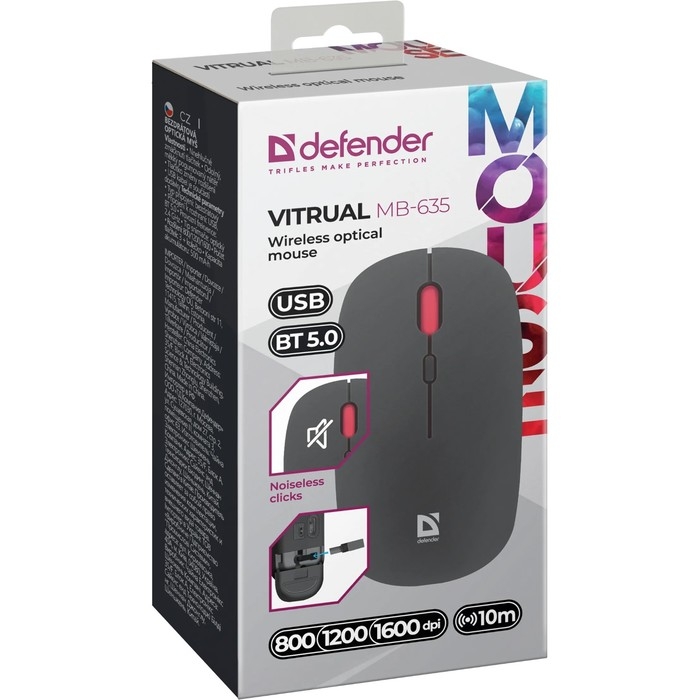 Мышь Defender Vitrual MB-635,беспроводная,оптическая, 1600 dpi, 500 мАч, USB,черная Мышь Defender Vitrual MB-635,беспроводная,оптическая, 1600 dpi, 500 мАч, USB,черная