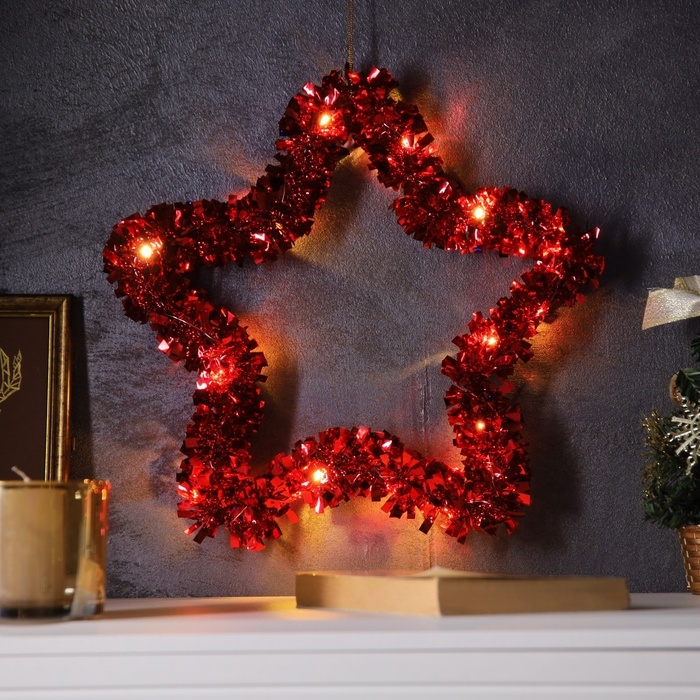 Светодиодная фигура из мишуры &laquo;Звезда красная&raquo; 30 &times; 5 см, 20 LED, батарейки AG10х3 (в комплекте), свечение тёплое белое