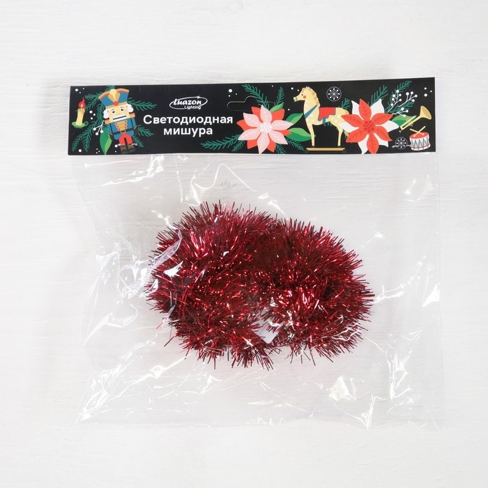 Гирлянда &laquo;Мишура&raquo; 1 м роса, IP20, красная нить, 22 LED, 6 слоёв, d=7 см, батарейки CR2032х2 (в комплекте), свечение белое