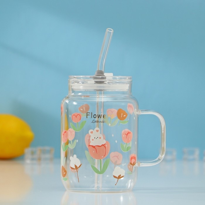 Банка стеклянная с крышкой и трубочкой &laquo;Фреш&raquo;, 500 мл, 10,5&times;7&times;12,6 см, цвет МИКС