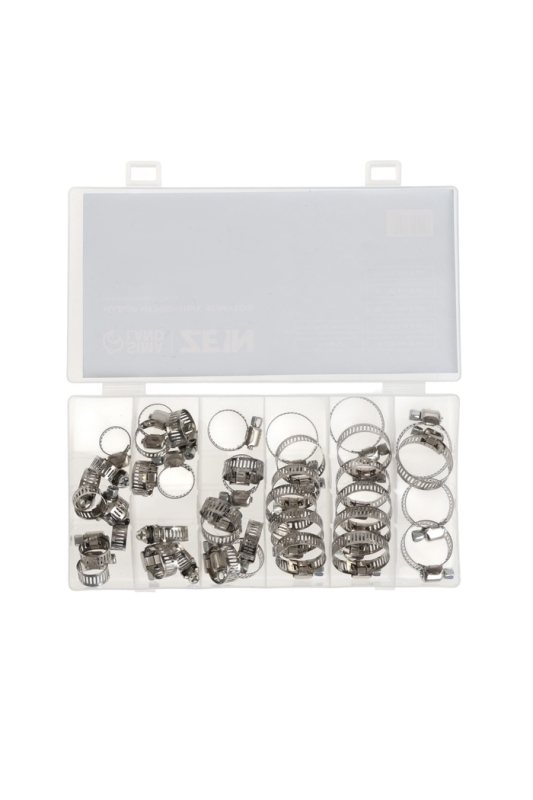 Набор червячных хомутов ZEIN engr, сквозная просечка, от 6 до 29 мм, нерж. сталь, 40 шт