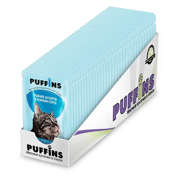 Влажный корм "Puffins" для кошек, рыбное ассорти в соусе, 75 г