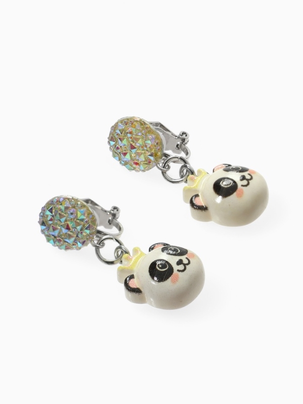 Серьги-клипсы детские "Выбражулька" панда с короной с кругом кристалл, цветные
