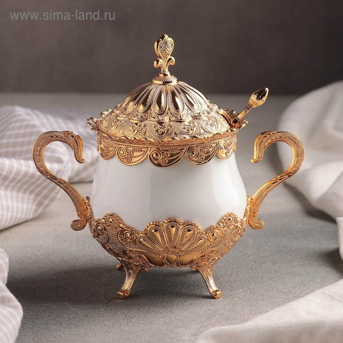 Сахарница &laquo;Бахмал&raquo;, 16&times;9&times;15 см, с ложкой, цвет металла золотой