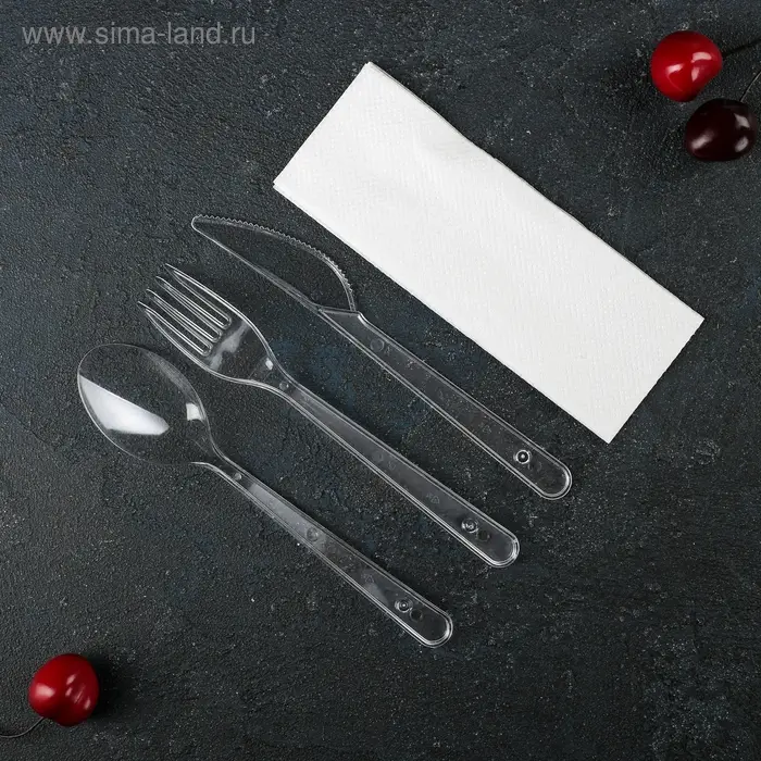 Набор пластиковых одноразовых приборов &laquo;Премиум&raquo;, 4 в 1, вилка, ложка, нож, салфетка белая, прозрачный