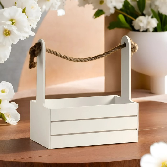 Кашпо деревянное 25.5×15×30 см Кашпо деревянное 25.5×15×30 см "Аром", ручка канат, белое