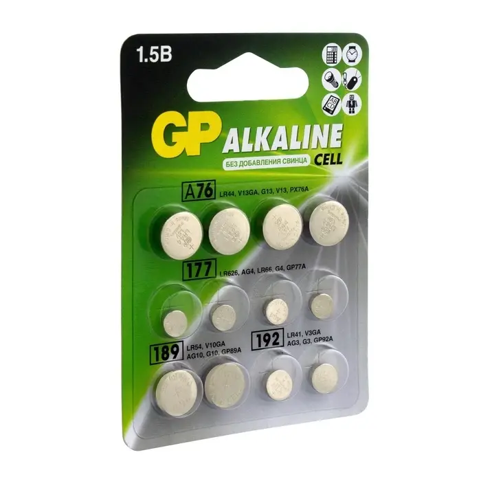 Батарейка алкалиновая GP, ACM02F-12BL(А76  по 4 шт.;164,186,189 192-по 2 шт.); 1.5В,12 шт.