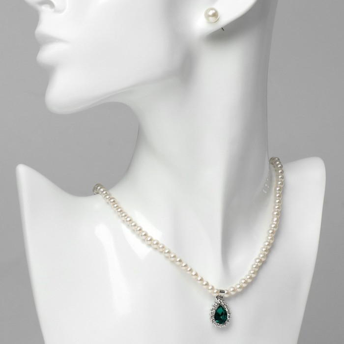 Набор 2 предмета: серьги, колье &laquo;Лёгкость&raquo; зеленая капля, цвет белый в серебре, 45 см