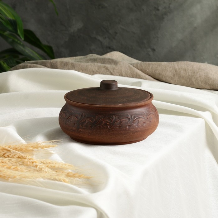 Горшок для запекания с крышкой &laquo;Поли&raquo;, декор, красная глина, 1 л