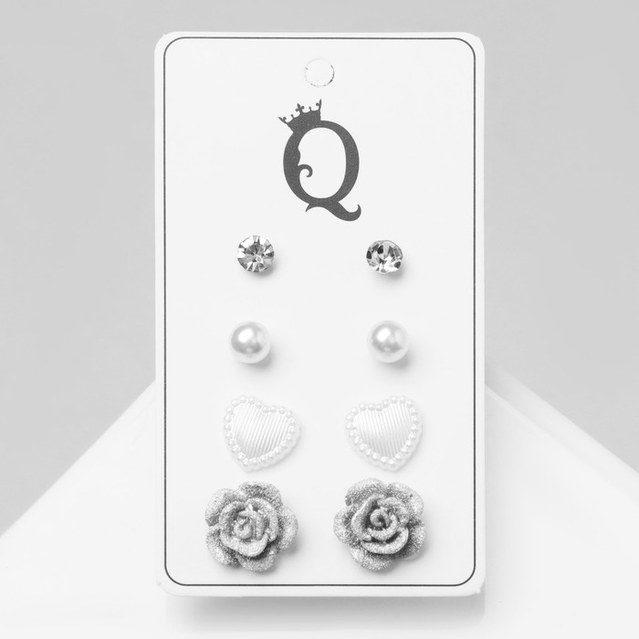 Пусеты 4 пары &laquo;Романтика&raquo; винтажная роза, цвет бело-серый в серебре