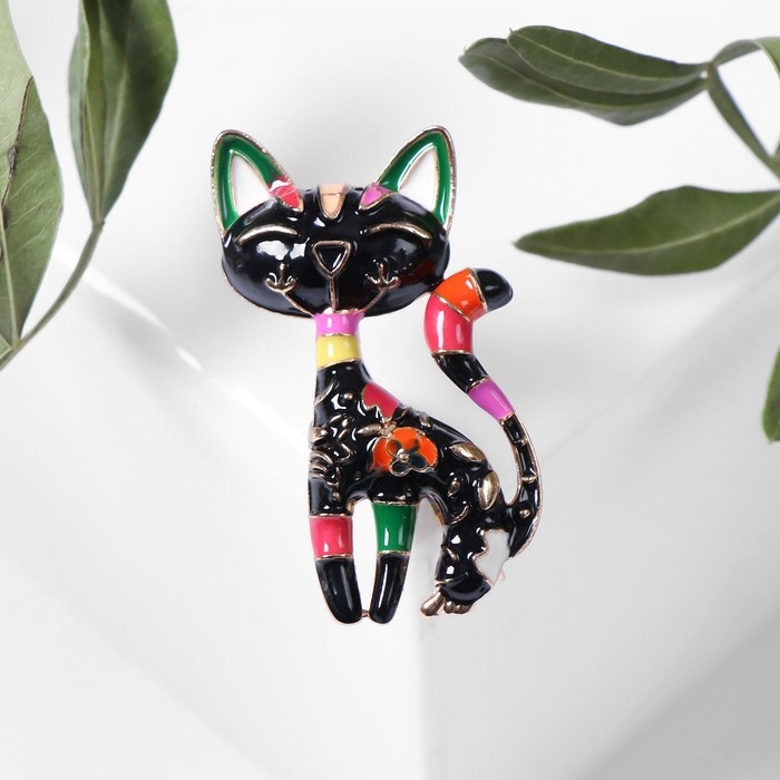 Брошь &laquo;Кошка&raquo; расписная, цвет чёрный в золоте