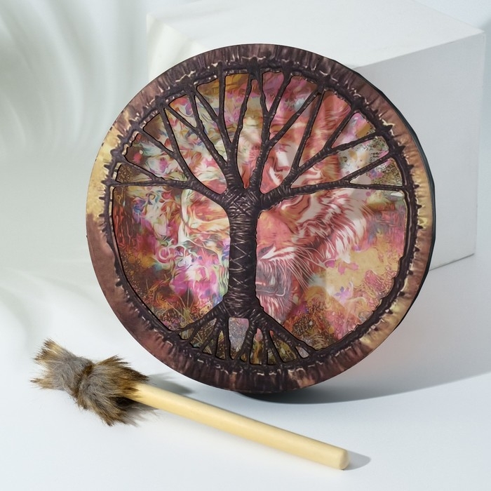 Шаманский бубен "Тигр-бабочка" с колотушкой 5х25х25 см