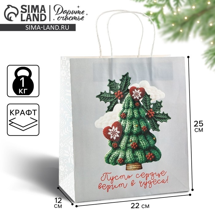Пакет подарочный новогодний &laquo;Чудеса&raquo;, ёлка, белый крафт, 22 х 25 х 12 см , Новый год